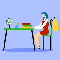 The student is sitting at a desk in the classroom. Study at school. Back to school vector