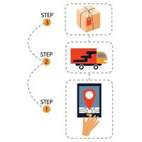 Stages of order tracking. A hand clicks on the tablet screen to track the goods on the map. Delivery truck. Carton order vector