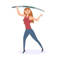 A strong woman with machete attacks. Gender equality and women's power vector