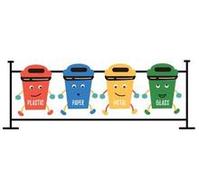 Funny dumpster plastic, paper, metal, glass. Waste distribution. Waste reduction vector