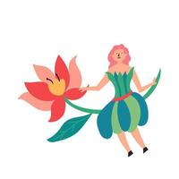 Fairy-tale character fairy sitting on a flower sprig. Fairytales vector