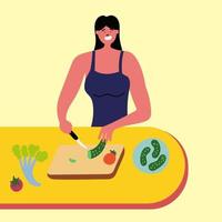 Girl athlete cuts slices of cucumber for salad. Delicious and healthy salad. Healthy food vector
