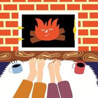 A young couple is warming their feet by the fireplace. Satisfied people in comfort. Nordic concepts vector