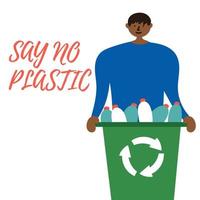 The man collected a container of plastic bottles for recycling. Waste reduction vector