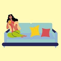 The girl sits on the couch and enjoys a fragrant drink. Satisfied people in comfort. Nordic concepts vector