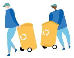 Workers collect garbage and carry containers for recycling. Waste reduction vector