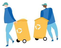 Workers collect garbage and carry containers for recycling. Waste reduction vector