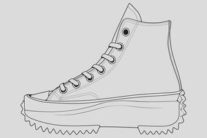 vector de dibujo de contorno de zapatillas de deporte, zapatillas dibujadas en un estilo de boceto, contorno de plantilla de zapatillas de deporte de línea negra, ilustración vectorial.