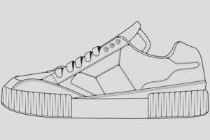 Shoes sneaker outline drawing vector, Sneakers drawn in a sketch style, black line sneaker trainers template outline, vector Illustration.