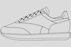 Shoes sneaker outline drawing vector, Sneakers drawn in a sketch style, black line sneaker trainers template outline, vector Illustration.