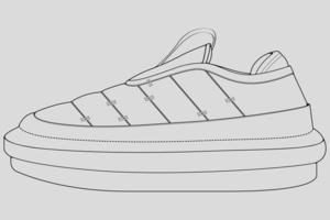 Shoes sneaker outline drawing vector, Sneakers drawn in a sketch style, black line sneaker trainers template outline, vector Illustration.