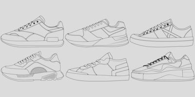 conjunto de zapatillas de deporte geniales de contorno. Vector de dibujo de contorno de zapatillas de deporte, zapatillas dibujadas en un estilo de boceto, contorno de plantilla de zapatillas de deporte, colección de conjuntos. ilustración vectorial