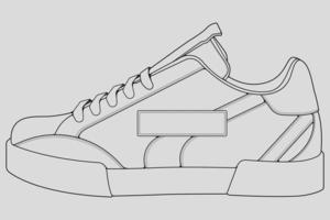 Shoes sneaker outline drawing vector, Sneakers drawn in a sketch style, black line sneaker trainers template outline, vector Illustration.