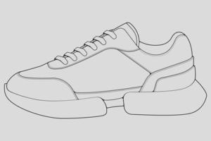 Shoes sneaker outline drawing vector, Sneakers drawn in a sketch style, black line sneaker trainers template outline, vector Illustration.