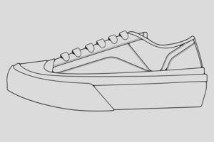 vector de dibujo de contorno de zapatillas de deporte, zapatillas dibujadas en un estilo de boceto, contorno de plantilla de zapatillas de deporte de línea negra, ilustración vectorial.