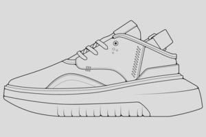 vector de dibujo de contorno de zapatillas de deporte, zapatillas dibujadas en un estilo de boceto, contorno de plantilla de zapatillas de deporte de línea negra, ilustración vectorial.