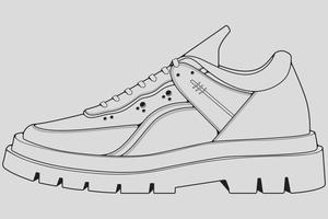 Shoes sneaker outline drawing vector, Sneakers drawn in a sketch style, black line sneaker trainers template outline, vector Illustration.