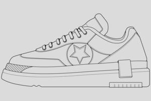 vector de dibujo de contorno de zapatillas de deporte, zapatillas dibujadas en un estilo de boceto, contorno de plantilla de zapatillas de deporte de línea negra, ilustración vectorial.