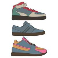 conjunto de zapatillas geniales. vector de dibujo de zapatillas de deporte, zapatillas dibujadas en un estilo de boceto, plantilla de entrenadores de zapatillas, colección de conjuntos. ilustración vectorial