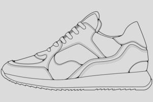 vector de dibujo de contorno de zapatillas de deporte, zapatillas dibujadas en un estilo de boceto, contorno de plantilla de zapatillas de deporte de línea negra, ilustración vectorial.