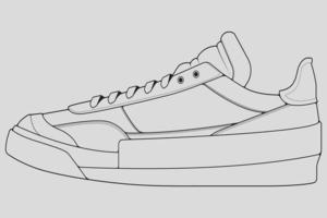 Shoes sneaker outline drawing vector, Sneakers drawn in a sketch style, black line sneaker trainers template outline, vector Illustration.