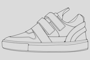 Shoes sneaker outline drawing vector, Sneakers drawn in a sketch style, black line sneaker trainers template outline, vector Illustration.