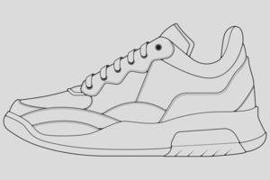 Shoes sneaker outline drawing vector, Sneakers drawn in a sketch style, black line sneaker trainers template outline, vector Illustration.