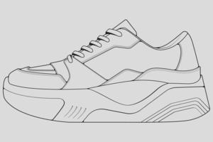 vector de dibujo de contorno de zapatillas de deporte, zapatillas dibujadas en un estilo de boceto, contorno de plantilla de zapatillas de deporte de línea negra, ilustración vectorial.