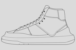 vector de dibujo de contorno de zapatillas de deporte, zapatillas dibujadas en un estilo de boceto, contorno de plantilla de zapatillas de deporte de línea negra, ilustración vectorial.