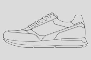 vector de dibujo de contorno de zapatillas de deporte, zapatillas dibujadas en un estilo de boceto, contorno de plantilla de zapatillas de deporte de línea negra, ilustración vectorial.