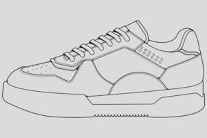 Shoes sneaker outline drawing vector, Sneakers drawn in a sketch style, black line sneaker trainers template outline, vector Illustration.