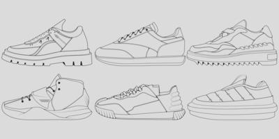 conjunto de zapatillas de deporte geniales de contorno. Vector de dibujo de contorno de zapatillas de deporte, zapatillas dibujadas en un estilo de boceto, contorno de plantilla de zapatillas de deporte, colección de conjuntos. ilustración vectorial