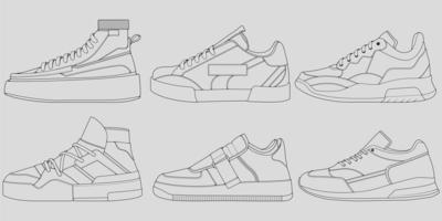 conjunto de zapatillas de deporte geniales de contorno. Vector de dibujo de contorno de zapatillas de deporte, zapatillas dibujadas en un estilo de boceto, contorno de plantilla de zapatillas de deporte, colección de conjuntos. ilustración vectorial