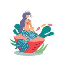 Fairy-tale character mermaid with a tail sitting on a stone. Fairy tales vector