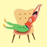 la chica está descansando en la silla y estirando el cuerpo. gente satisfecha con comodidad. conceptos nórdicos vector