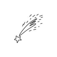 Celestial phenomena. Shooting star contour sparkling tail. A shining comet flies down from space. Vector stock isolated illustration.