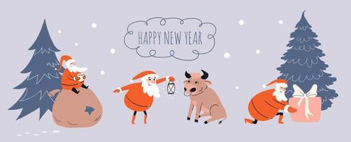 Cartoon Santa Claus set. Adventures with Santa. Christmas illustrations from the life of Santa with a gift, a bull, a cup of drink. Vector stock illustration.
