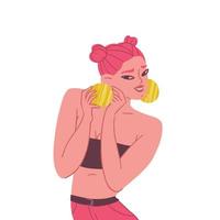 mujer joven con estilo dibujada a mano. una niña pintada con cabello rosado usa grandes aretes redondos. adolescente en jeans rosas y un top sin tirantes. ilustración aislada de stock vectorial en estilo de dibujos animados. vector