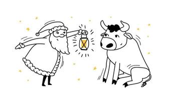 Doodle Santa and the bull. Santa Claus leans forward with a lantern in hand and looks at the bull that sits in front of Santa. Vector stock illustration of new year black on white isolated.