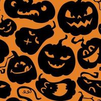 Seamless Halloween pumpkin pattern. Scary and funny black faces on an orange background. Vector stock illustration.