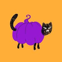 Black cat dressed as a purple pumpkin. The hand-drawn cat stands on four legs, and the host, head and paws stick out from the pumpkin. Vector stock illustration isolated on orange background.