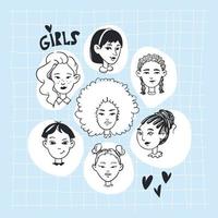 Diverse set of young women. Doodle multinational avatars on a trendy abstract checkered background. Girls with dreadlocks, short hair, different hairstyles.Vector stock hand-drawn illustration. vector