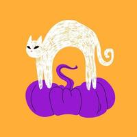 White cat with green eyes. A hand-drawn cat stands arched on a large purple pumpkin. Vector stock illustration isolated on orange background.