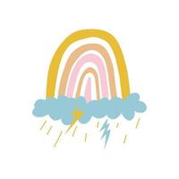 A colored rainbow of yellow and pink tones stands on a blue cloud. Rain pours from the cloud and lightning flashes. Cute vector stock illustration isolated on white background.