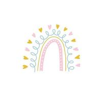 Rainbow hearts and curls, lines and dots form a color vector illustration. Baby theme in gentle color isolated on white background. A rainbow will decorate a postcard, cover, print