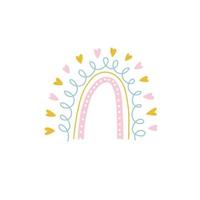 Rainbow hearts and curls, lines and dots form a color vector illustration. Baby theme in gentle color isolated on white background. A rainbow will decorate a postcard, cover, print