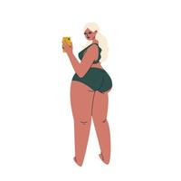 rubia gordita de talla grande. una mujer joven con curvas se fotografía de espaldas por teléfono. una chica adulta con un moderno traje de baño verde con un teléfono en la mano. ilustración de stock vectorial vector