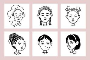 conjunto de avatares de garabatos de mujeres jóvenes. caras femeninas dibujadas a mano sobre fondo blanco aislado. una colección de varios retratos. ilustración de stock vectorial. vector