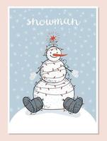 Hand-drawn snowman wrapped in a burning garland sits on a snowy hill in felt boots with a red carrot instead of a nose and in white gloves, snowflakes are falling. Vector stock illustration in blue co