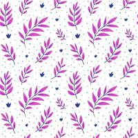 Hand-drawn seamless pattern. Small blue and bright purple leaves on a white background with blue spots. Decorative background for textiles, packaging, prints. vector